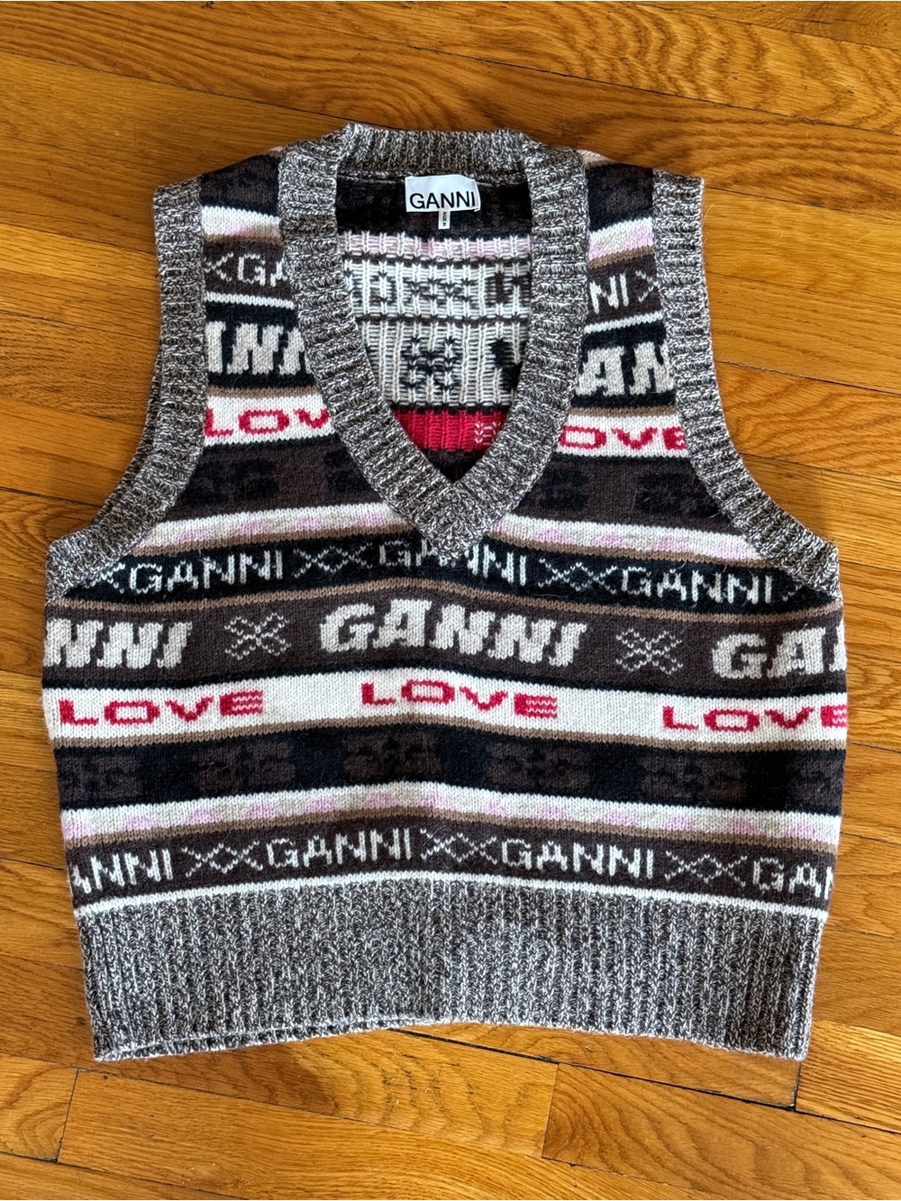 Ganni Brown, Pink & Red Fair Isle V-Neck Knit Vest